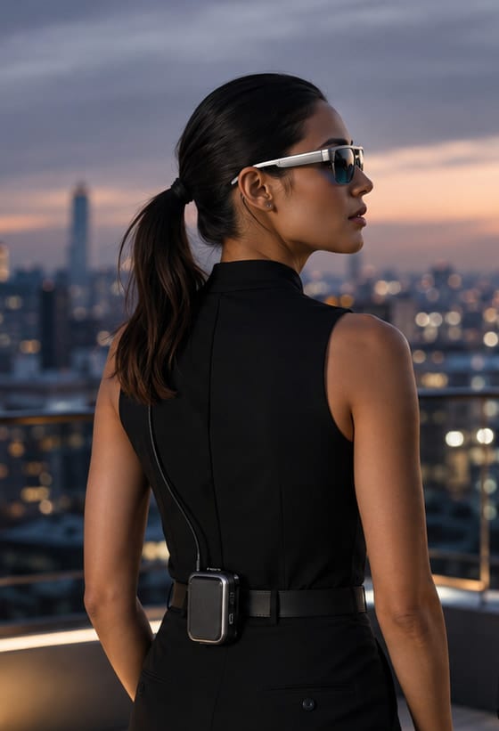 A woman wearing RM Lens eyewear on a rooftop at night